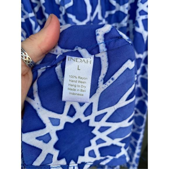 Indah Rinjani Draped Back Sun Dress BLUE Geometric Size Large, MSRP $132 - Picture 5 of 7